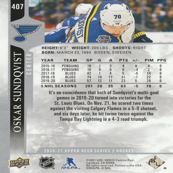 Oskar Sundqvist - 2020/2021 Upper Deck Series 2 Hockey Card - Picture 2 of 2